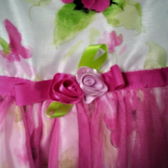 Rare Editions White Floral Dress Fuchsia Lace Overlay Tie Ribbon W/Rosebud Sz.3T - Picture 2 of 4